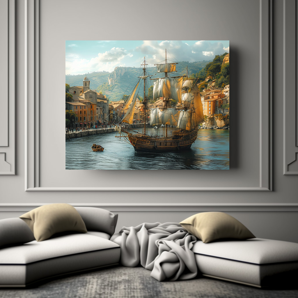 Poster: Historisches Segelschiff vor mittelalterlicher Stadt – Image 3