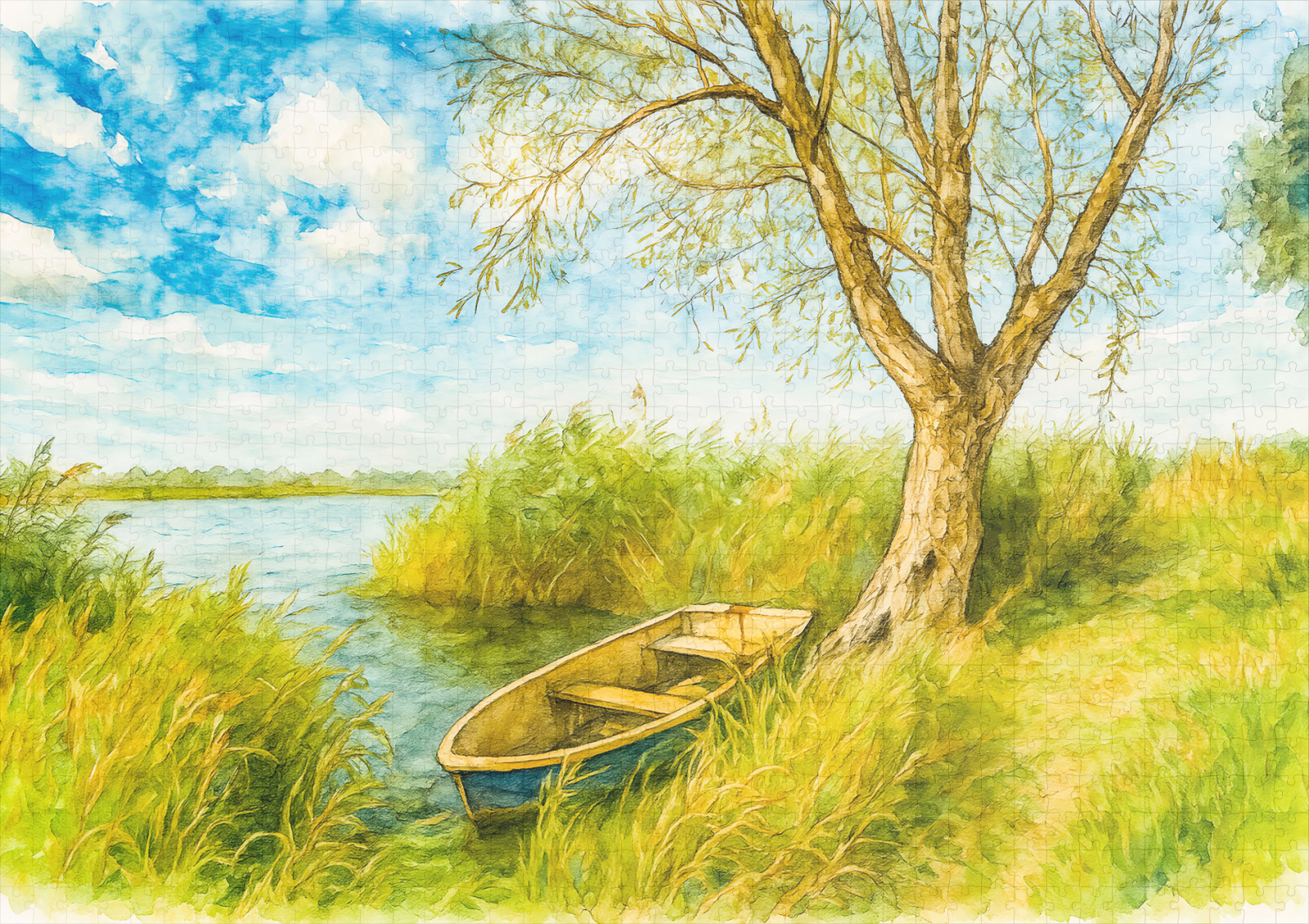 raxxa Premium-Puzzle: Boat under willow ar river aquarell havelland style - Image 2