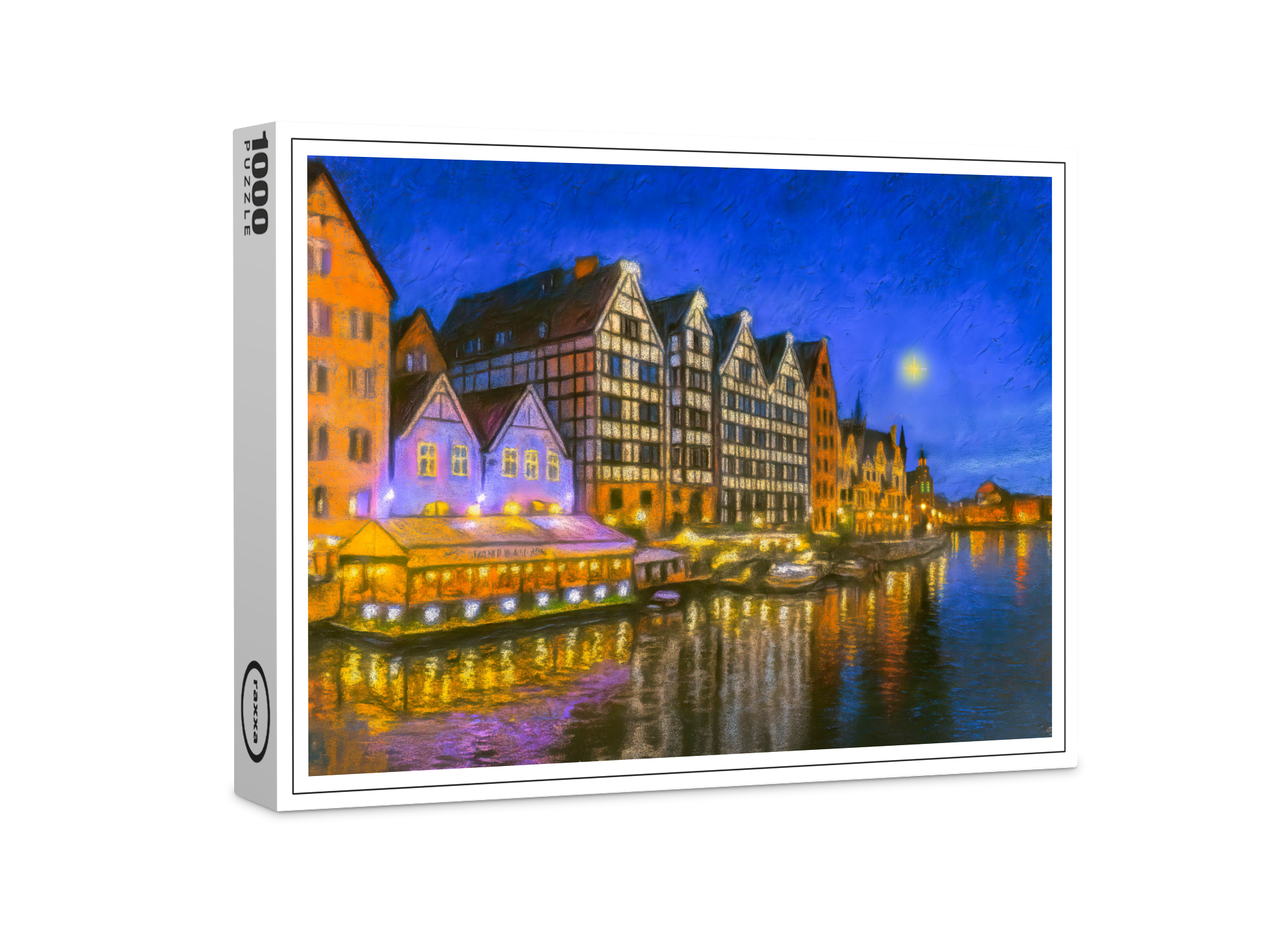 raxxa Premium-Puzzle: Pastel drawing of Danzig’s Motlawa waterfront at night