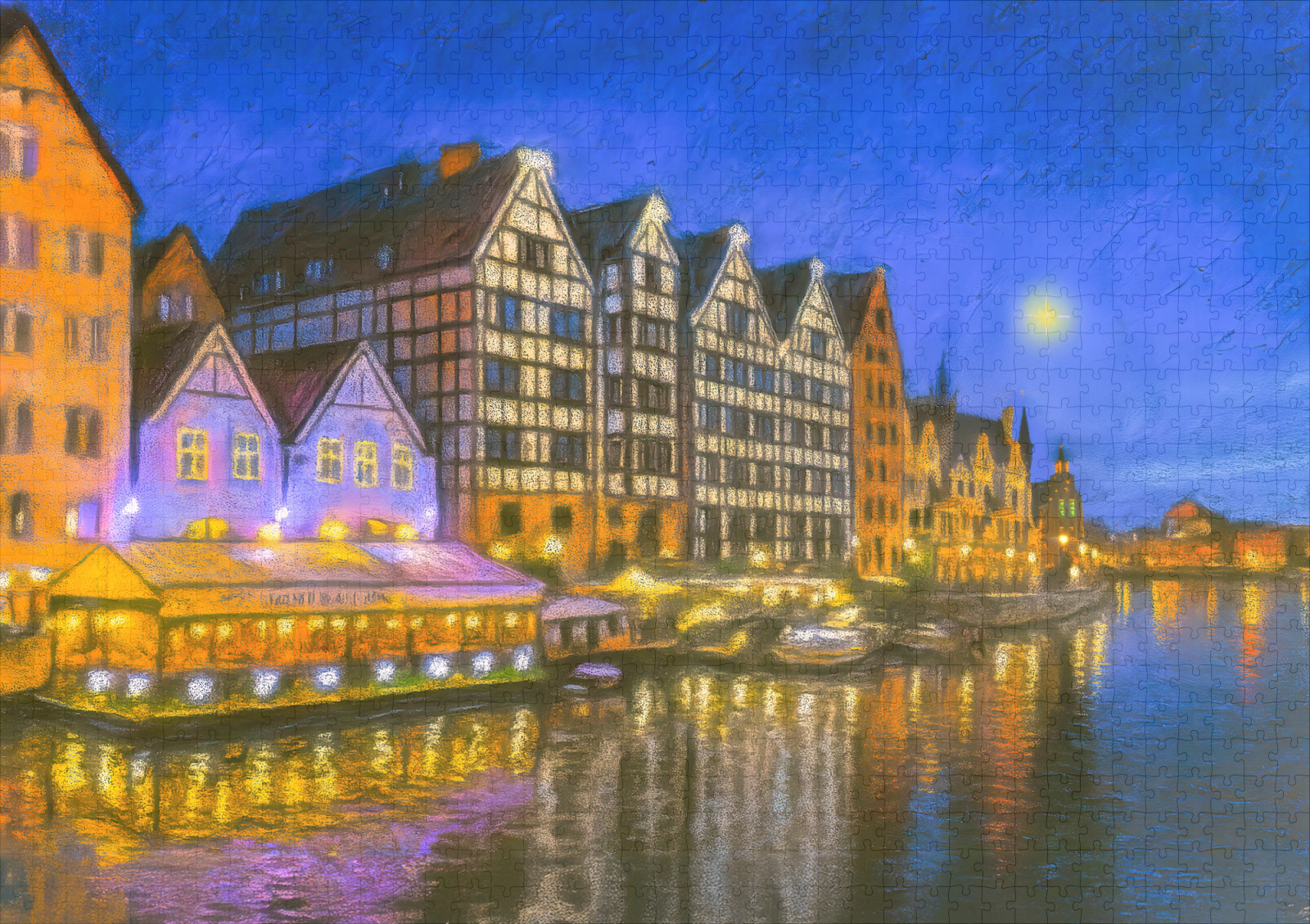 raxxa Premium-Puzzle: Pastel drawing of Danzig’s Motlawa waterfront at night – Bild 2