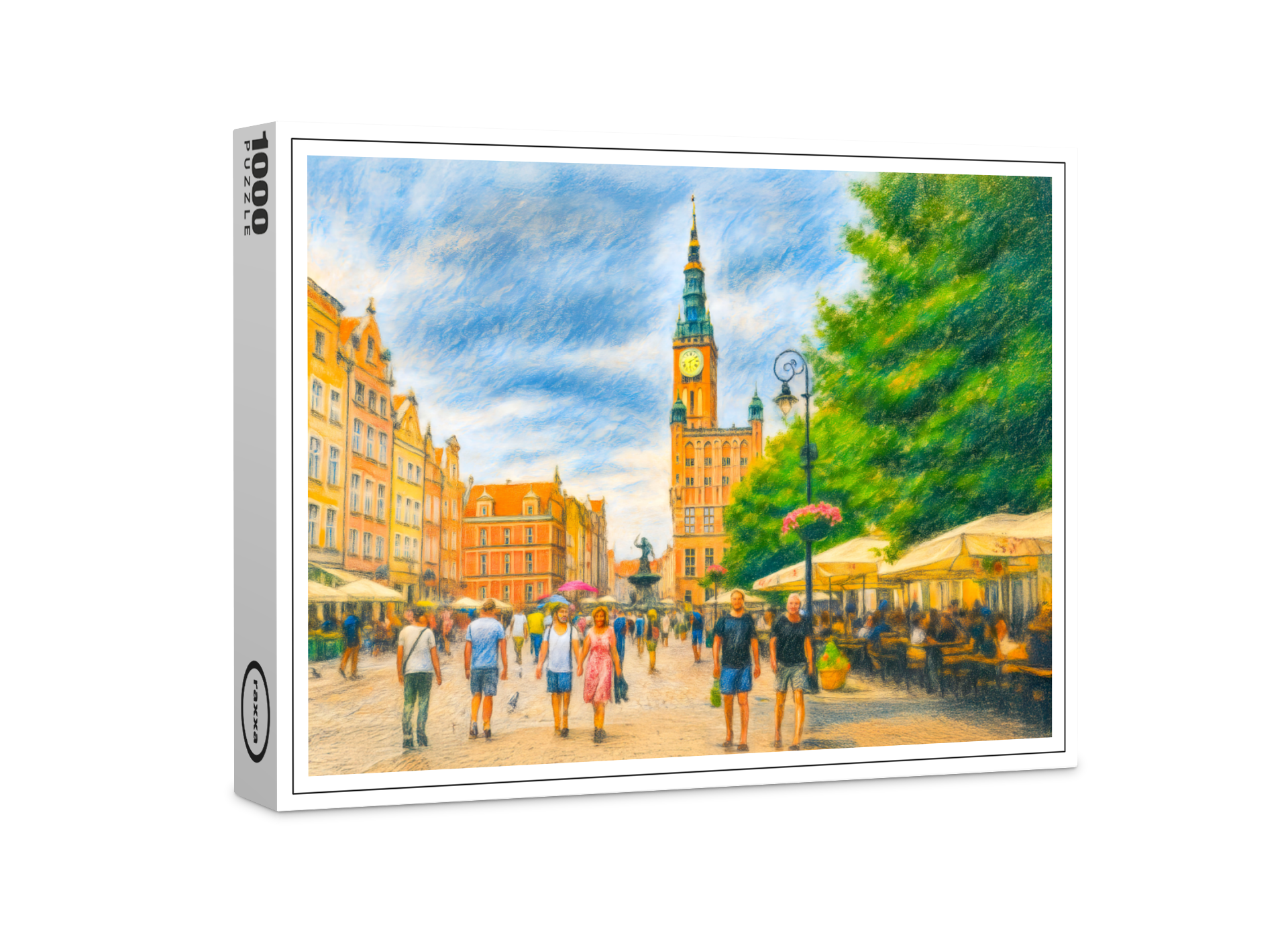 raxxa Premium-Puzzle: Pastel drawing of Danzig Long Market with church and cafes