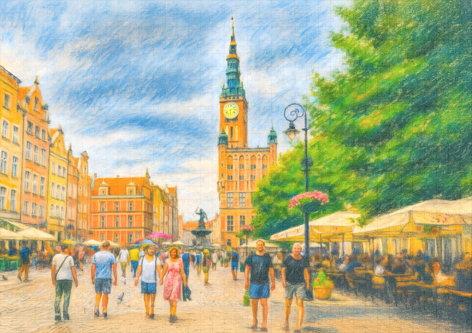 raxxa Premium-Puzzle: Pastel drawing of Danzig Long Market with church and cafes – Bild 2