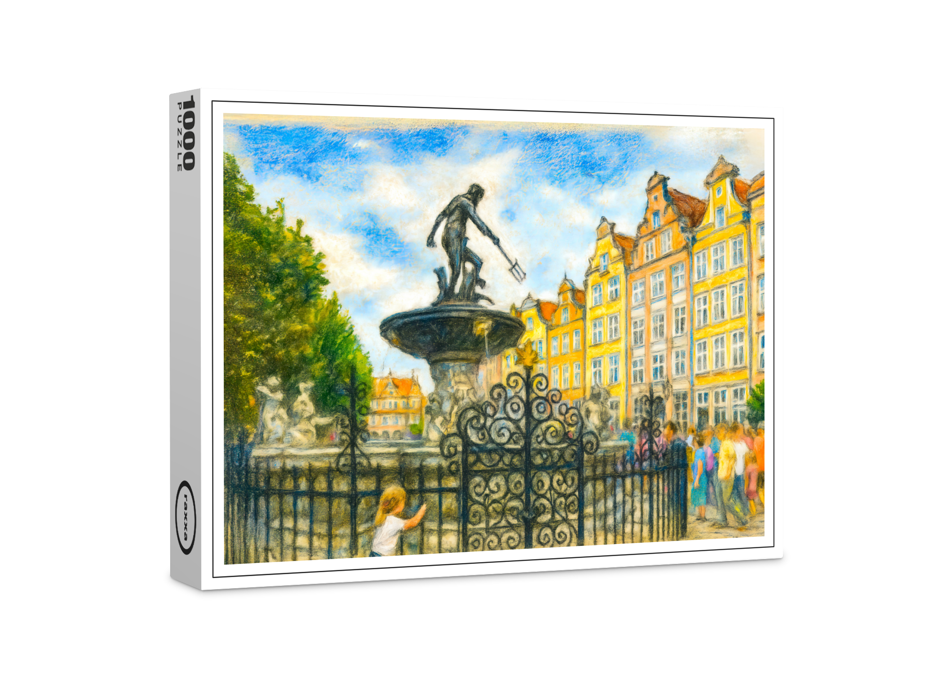 raxxa Premium-Puzzle: Pastel drawing of Danzig’ Neptune Fountain on Long Market