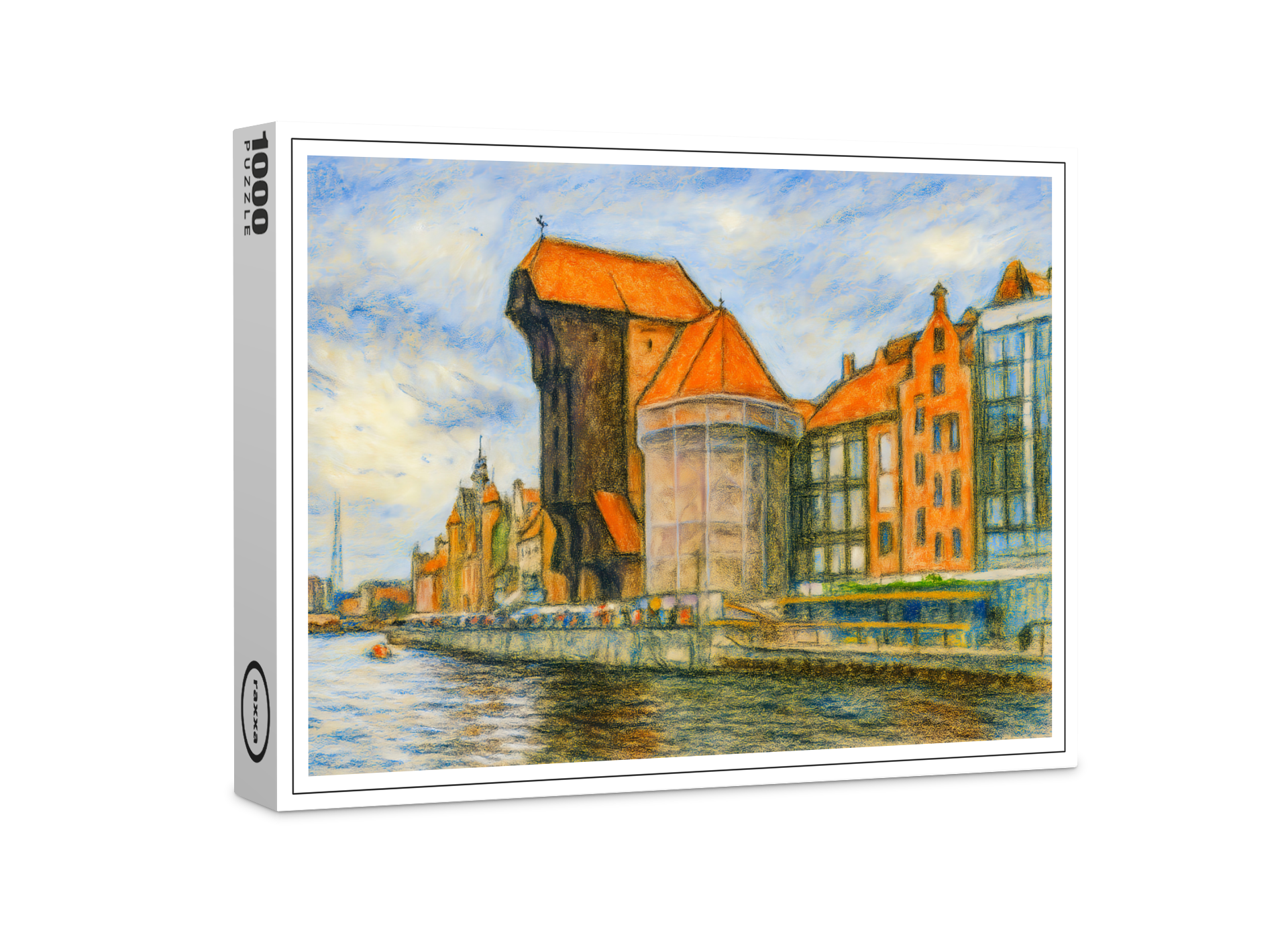 raxxa Premium-Puzzle: Pastel drawing of Danzig historic crane gate in daylight