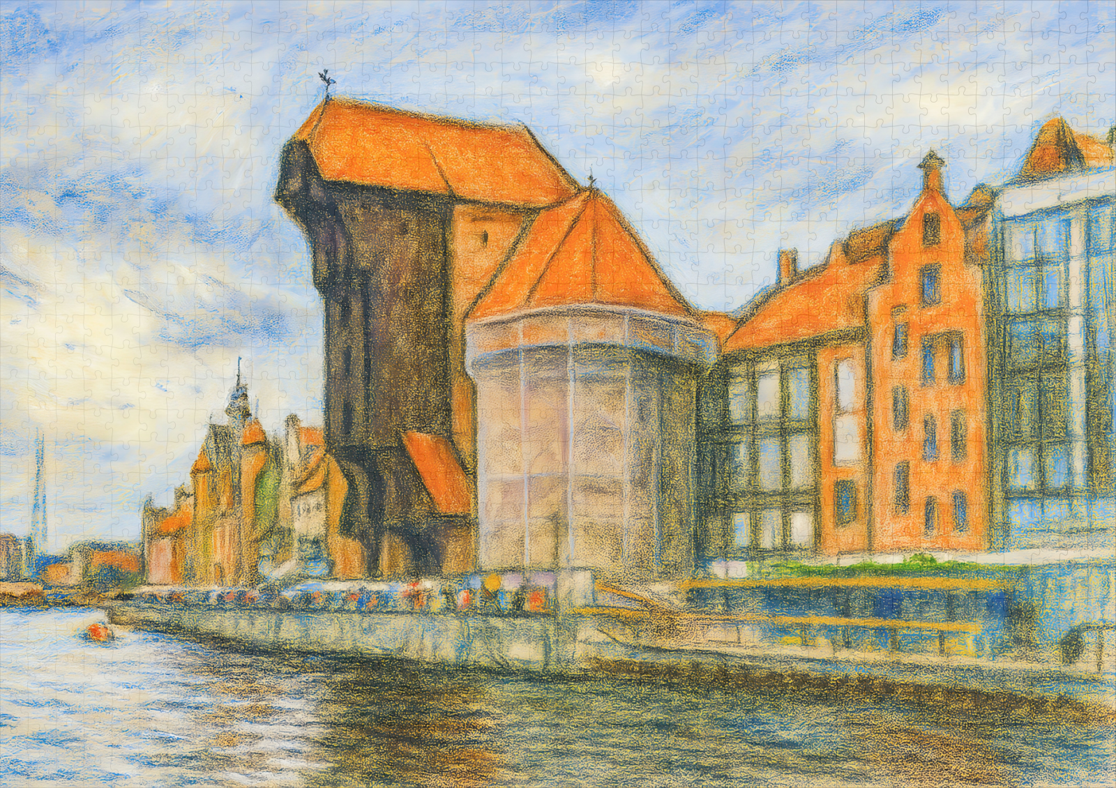 raxxa Premium-Puzzle: Pastel drawing of Danzig historic crane gate in daylight - Imagen 2