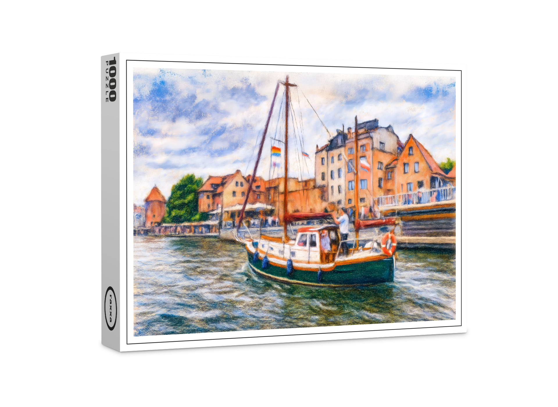 raxxa Premium-Puzzle: Pastel drawing of sailboat on Motlawa in Danzig old town