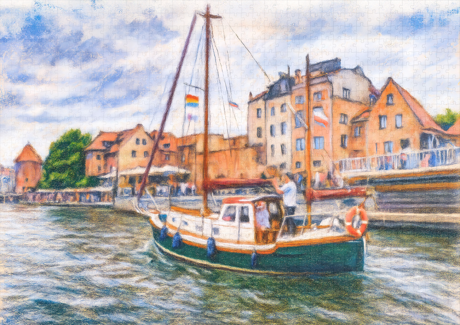 raxxa Premium-Puzzle: Pastel drawing of sailboat on Motlawa in Danzig old town – Bild 2