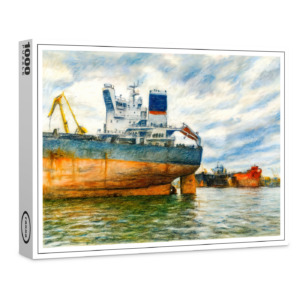 raxxa Premium-Puzzle: Pastel drawing of cargo ship in Danzig sea harbor