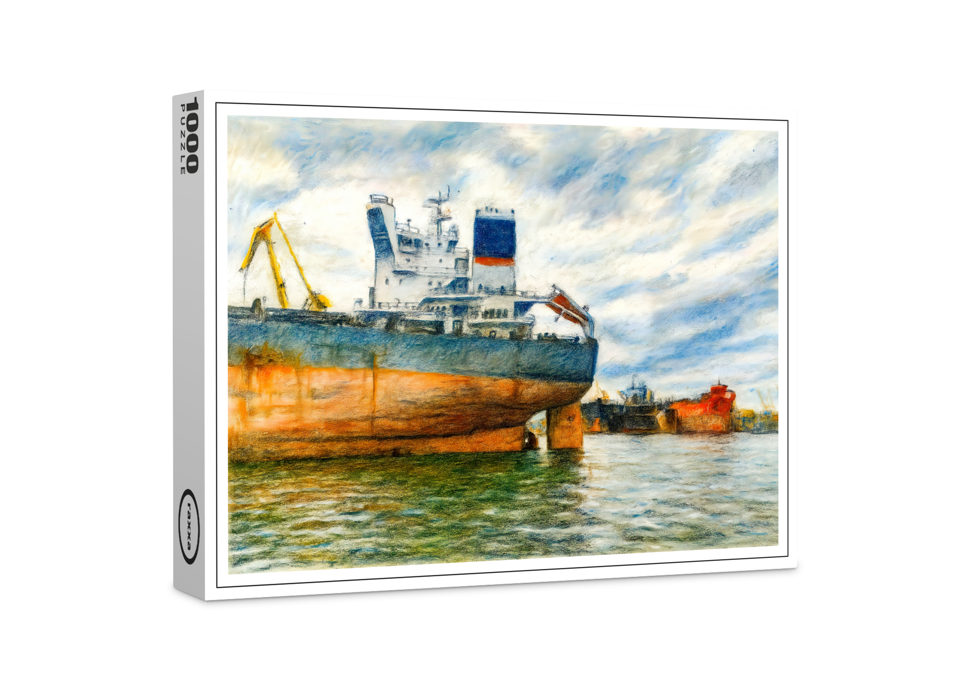 raxxa Premium-Puzzle: Pastel drawing of cargo ship in Danzig sea harbor