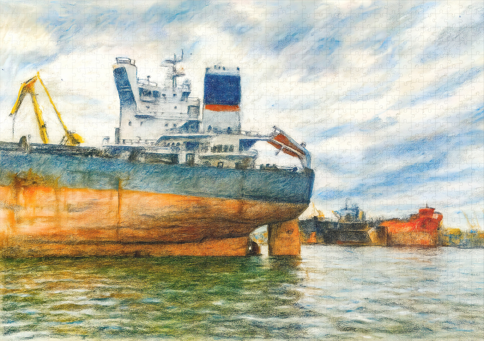 raxxa Premium-Puzzle: Pastel drawing of cargo ship in Danzig sea harbor – Bild 2
