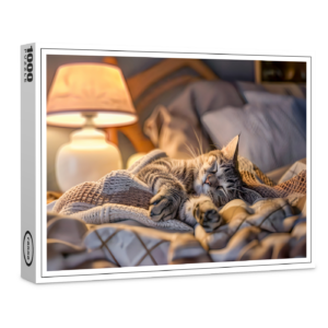 raxxa Premium-Puzzle: Cat lounging on couch with blanket and lamp