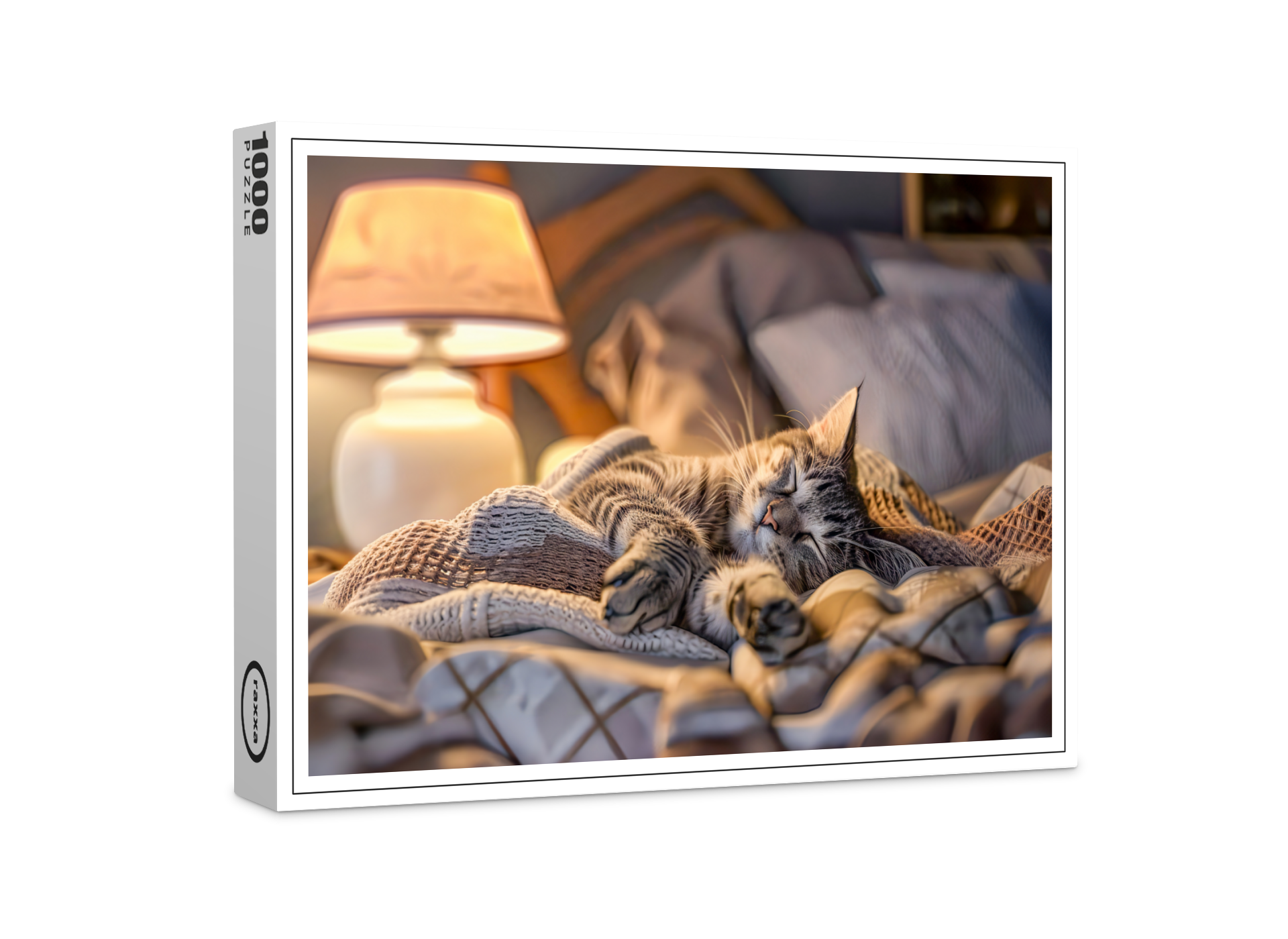 raxxa Premium-Puzzle: Cat lounging on couch with blanket and lamp
