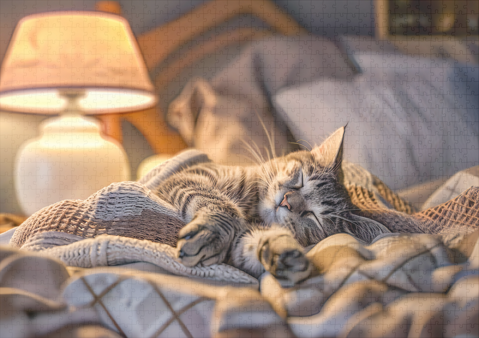 raxxa Premium-Puzzle: Cat lounging on couch with blanket and lamp - Imagen 2