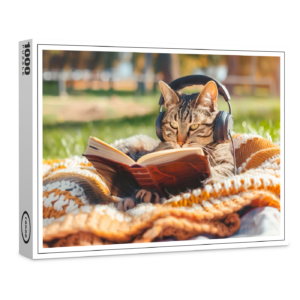 raxxa Premium-Puzzle: Cat reading book on knitted blanket