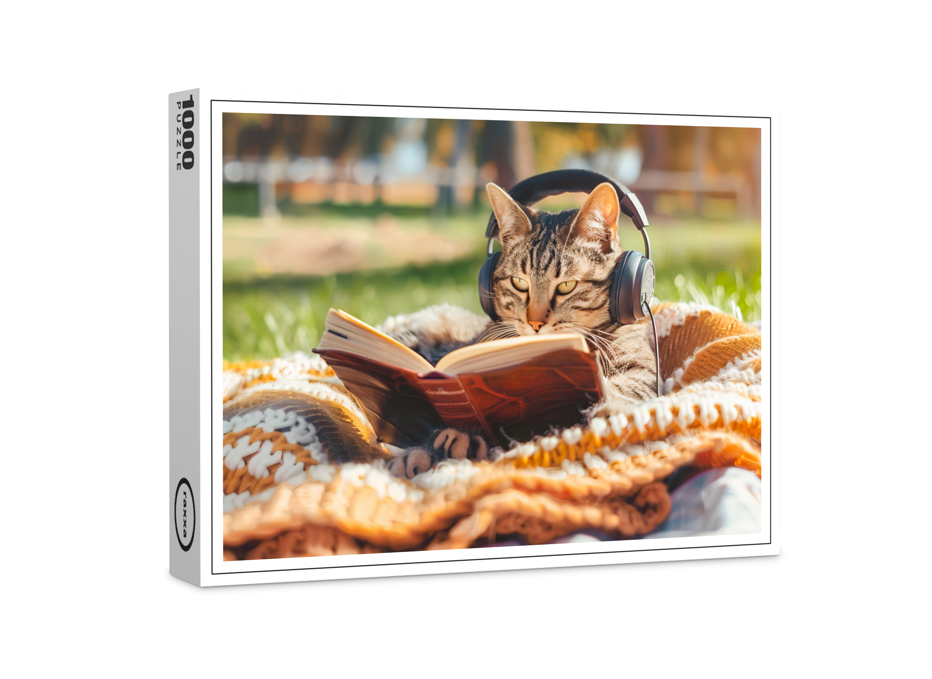 raxxa Premium-Puzzle: Cat reading book on knitted blanket