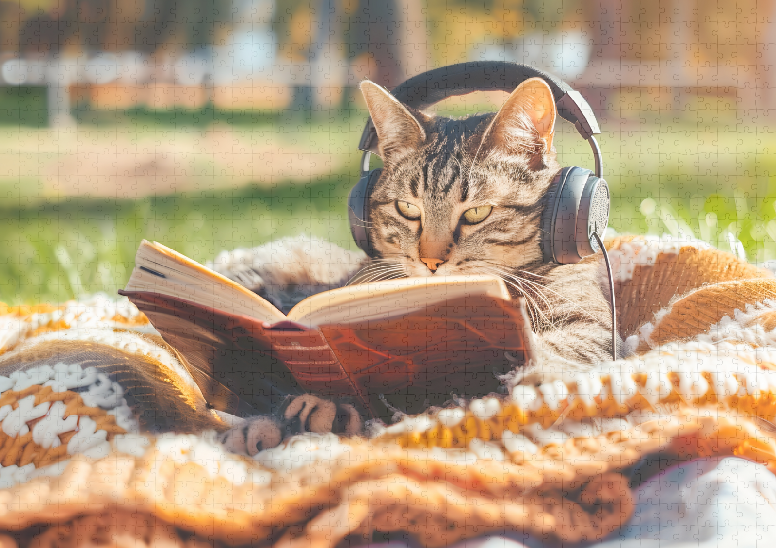 raxxa Premium-Puzzle: Cat reading book on knitted blanket - immagine 2