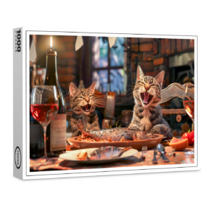 raxxa Premium-Puzzle: Cats dining on fish with wine indoors