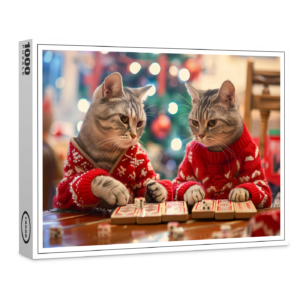 raxxa Premium-Puzzle: Two cats in red sweaters with festive background