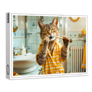 raxxa Premium-Puzzle: Cat brushing teeth in striped pajamas bathroom