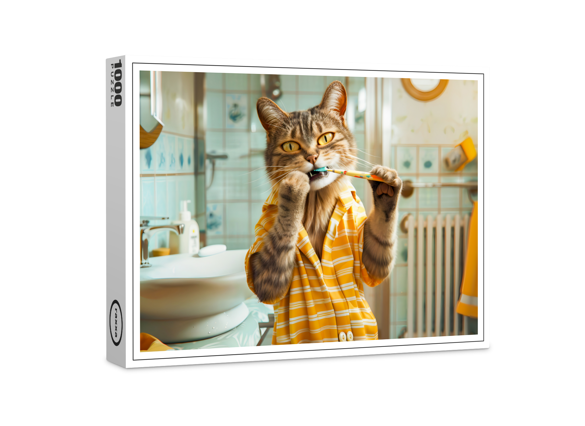 raxxa Premium-Puzzle: Cat brushing teeth in striped pajamas bathroom