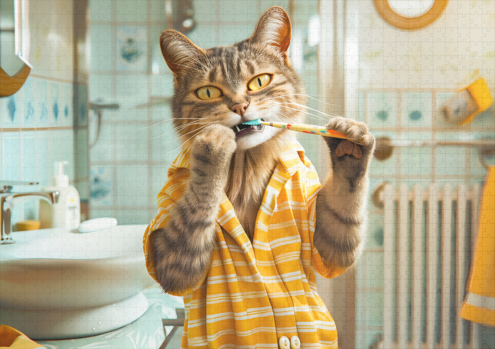 raxxa Premium-Puzzle: Cat brushing teeth in striped pajamas bathroom - Image 2