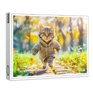 raxxa Premium-Puzzle: Cat in hoodie jogging through green park