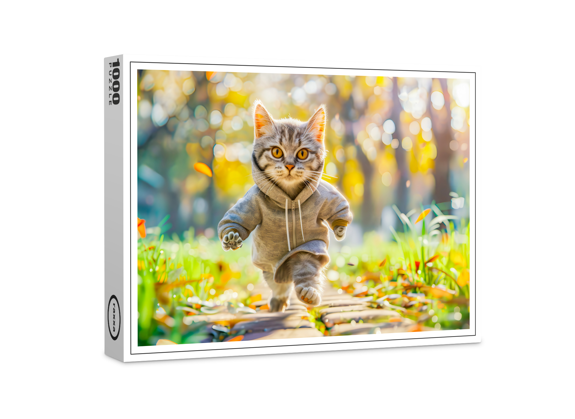 raxxa Premium-Puzzle: Cat in hoodie jogging through green park