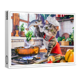 raxxa Premium-Puzzle: Cat in chef hat cooking with vegetables and fish