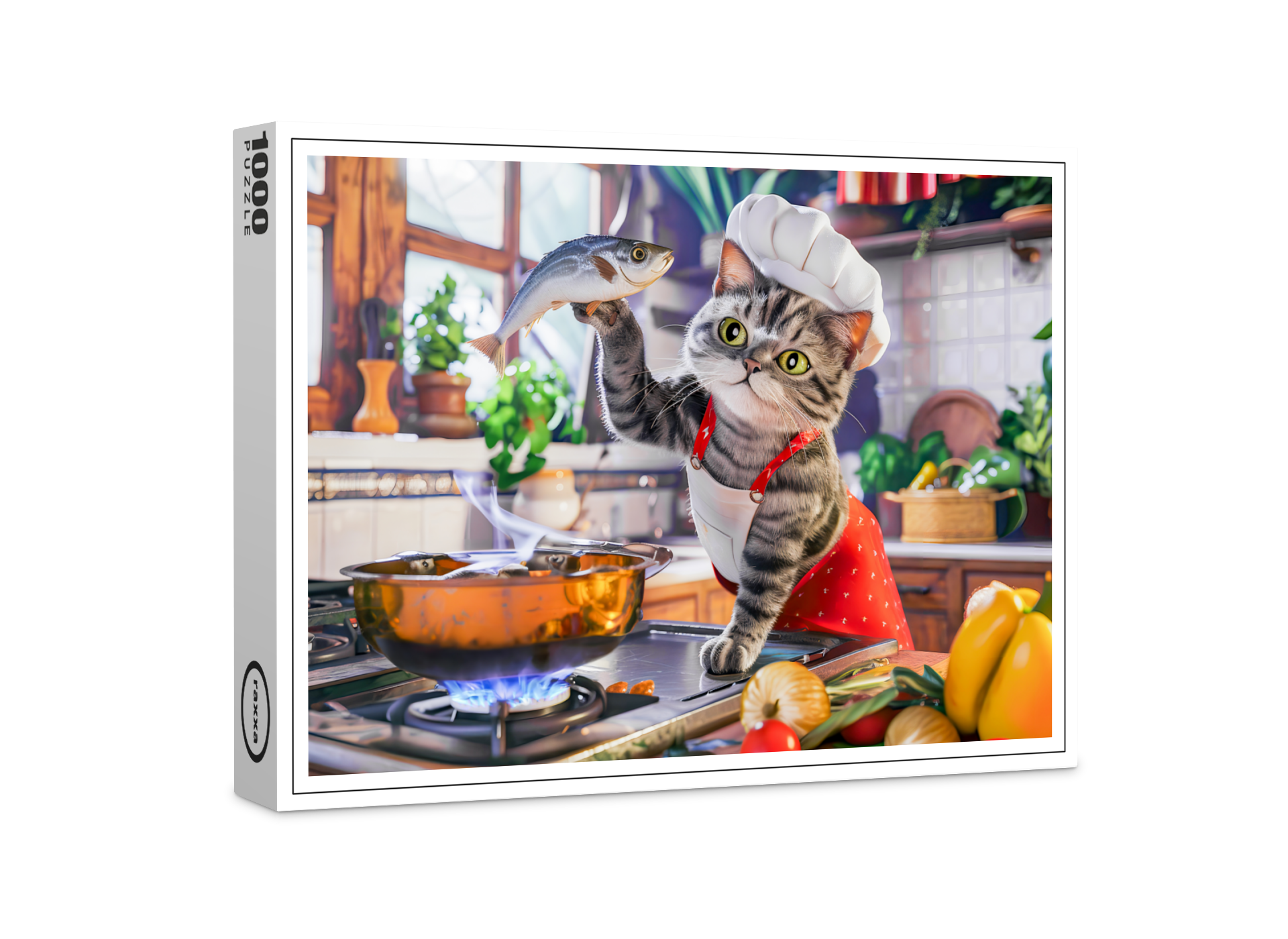 raxxa Premium-Puzzle: Cat in chef hat cooking with vegetables and fish
