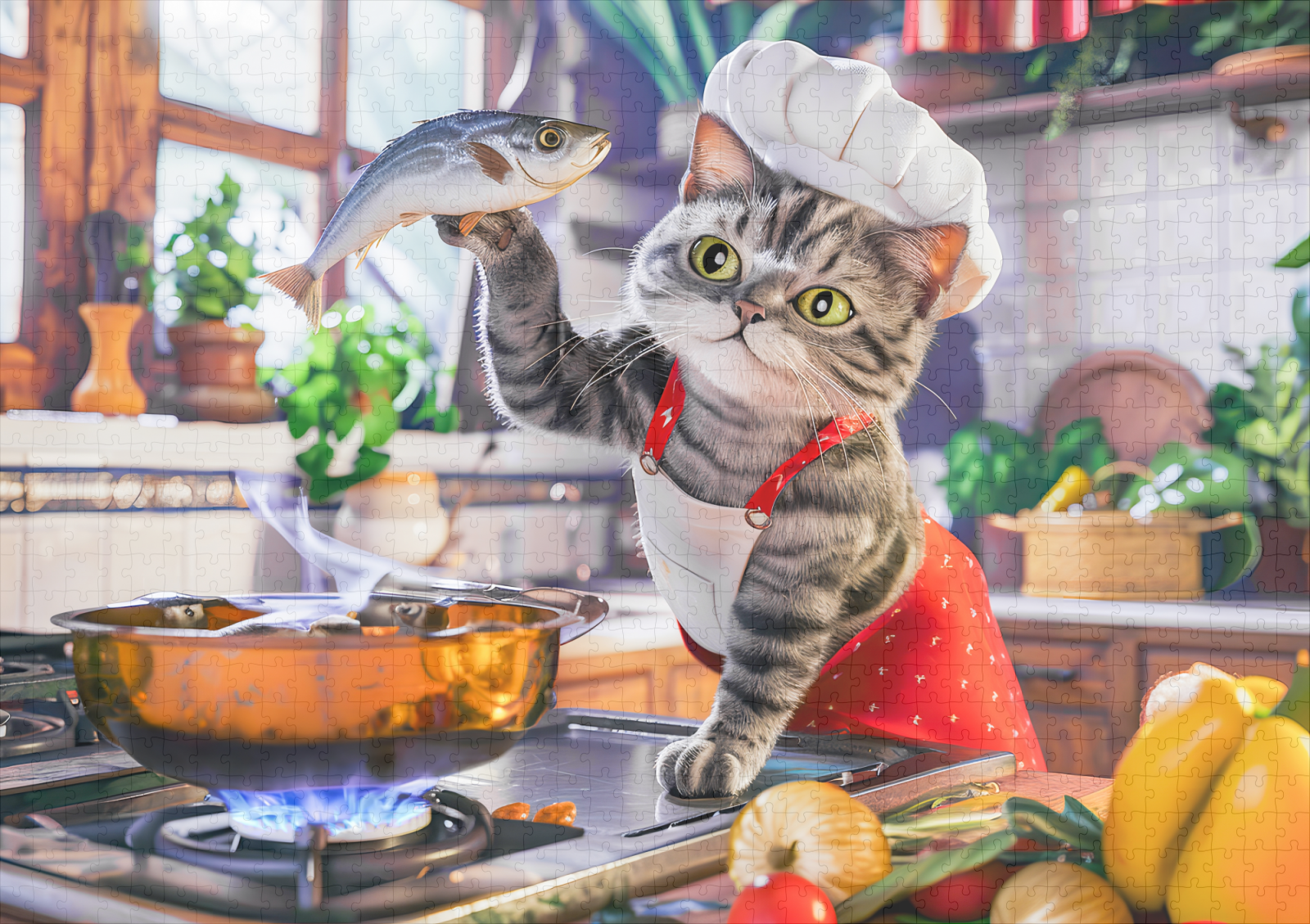 raxxa Premium-Puzzle: Cat in chef hat cooking with vegetables and fish - immagine 2