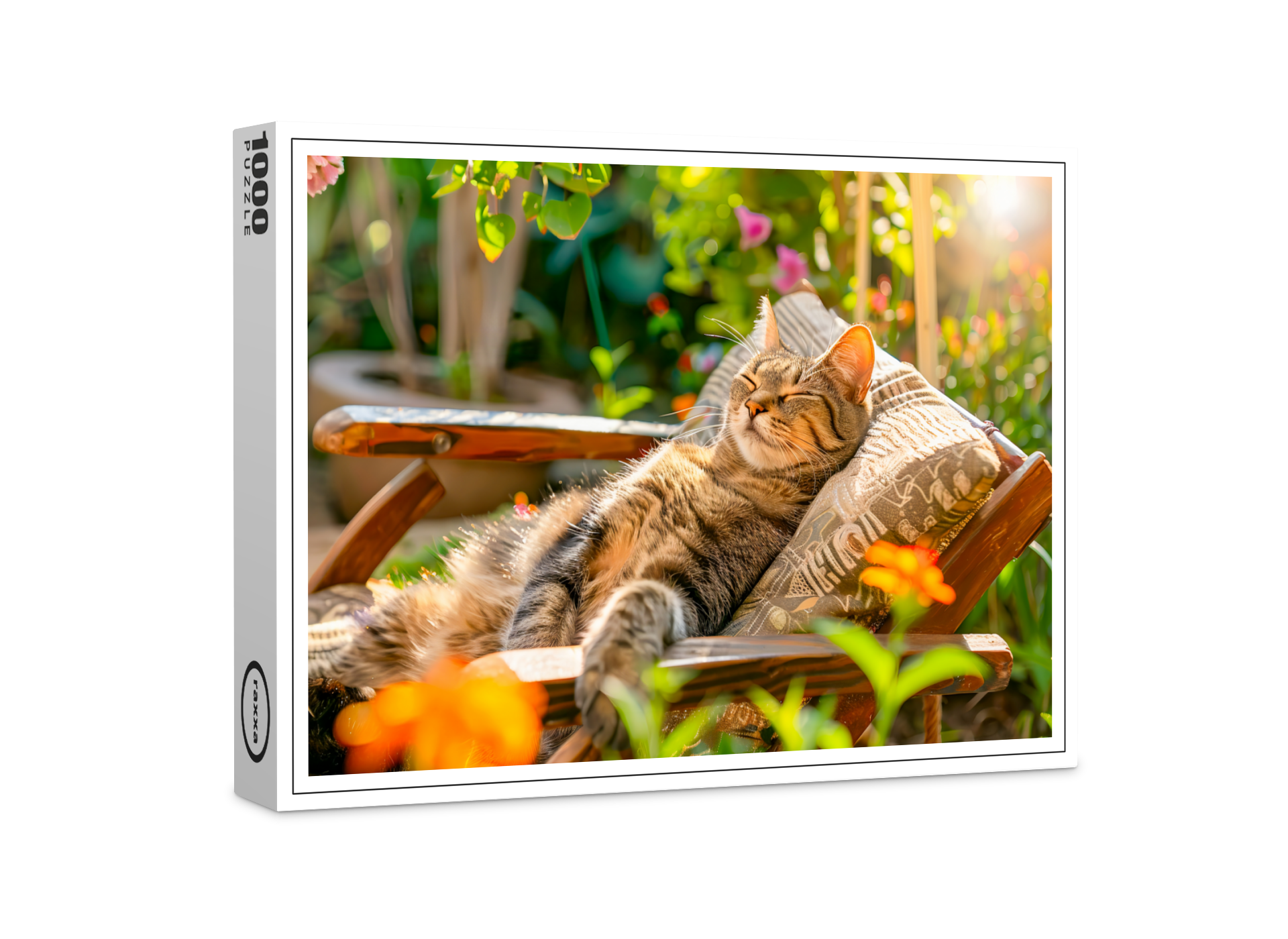 raxxa Premium-Puzzle: Cat sleeping in garden chair among flowers