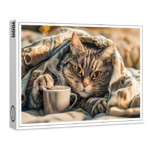 raxxa Premium-Puzzle: Cat with coffee and book in cozy blanket