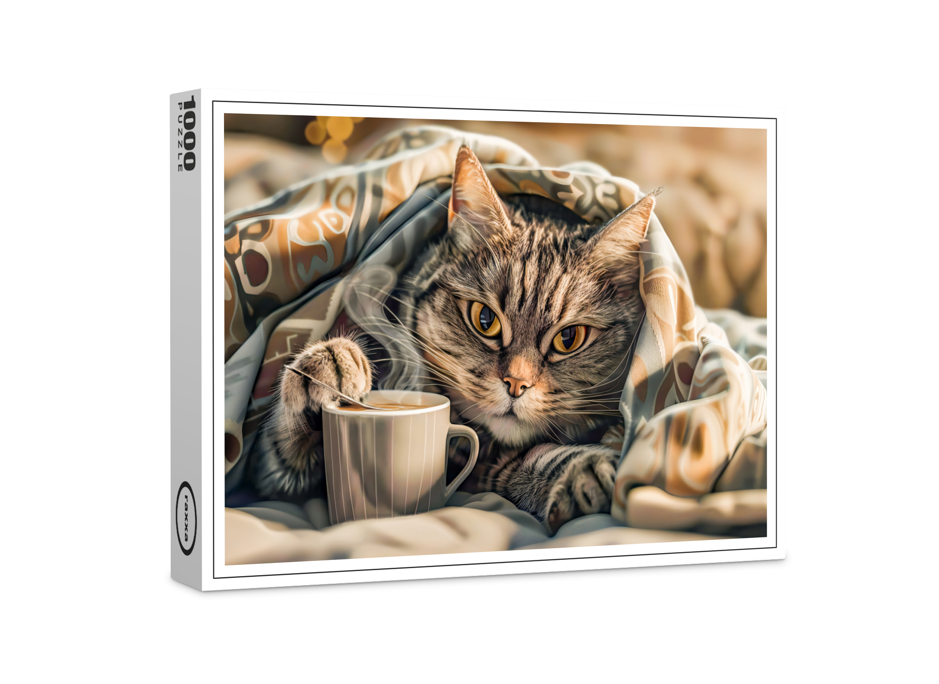raxxa Premium-Puzzle: Cat with coffee and book in cozy blanket