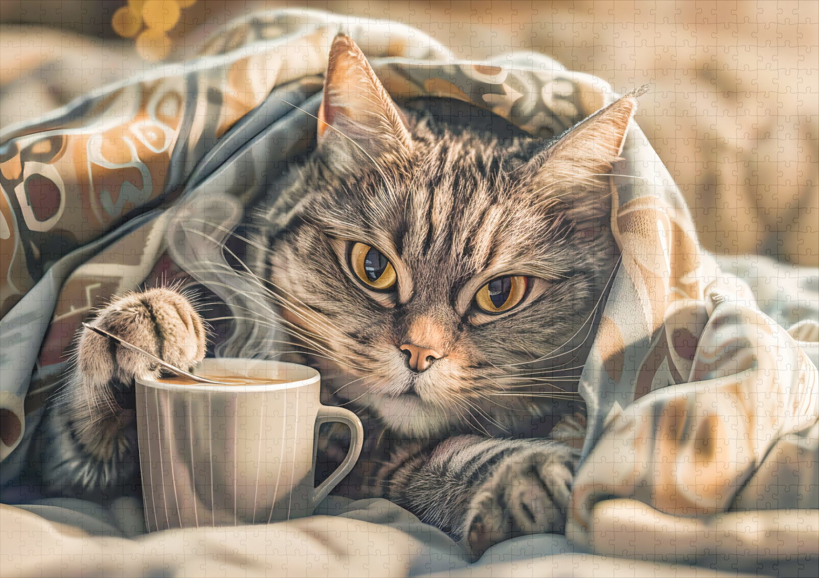 raxxa Premium-Puzzle: Cat with coffee and book in cozy blanket - Imagen 2