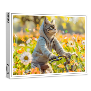 raxxa Premium-Puzzle: Cat in hoodie cycling across summer meadow