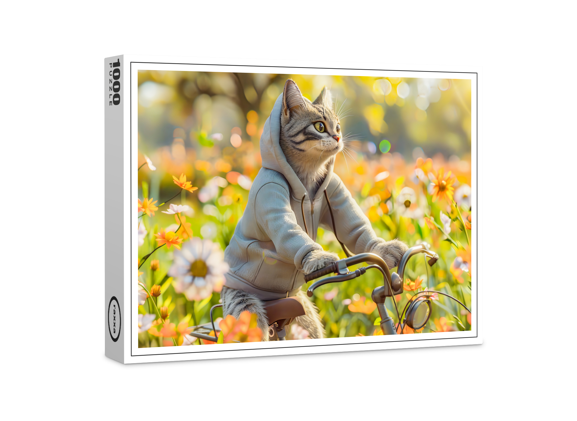 raxxa Premium-Puzzle: Cat in hoodie cycling across summer meadow