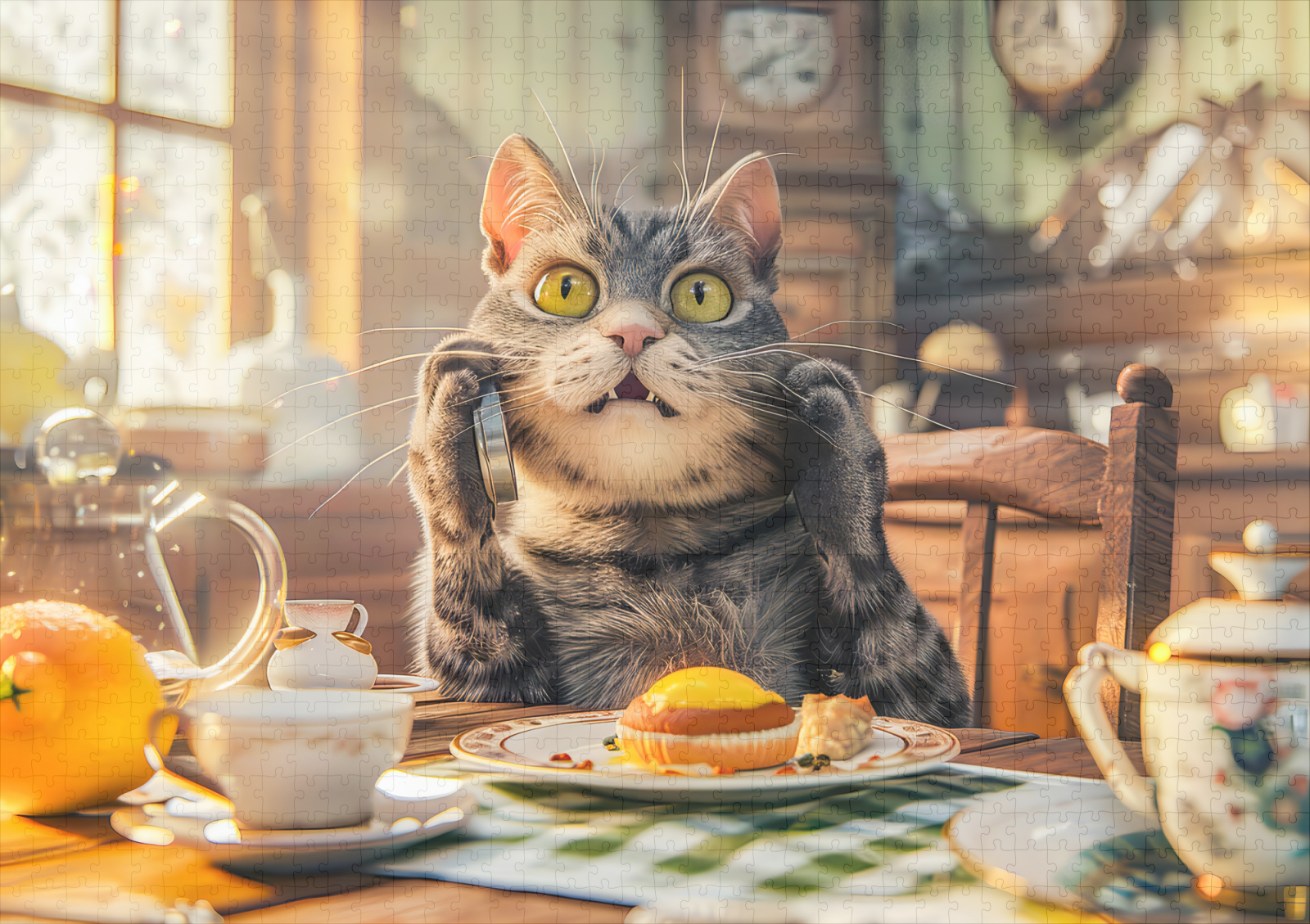 raxxa Premium-Puzzle: Cat at breakfast table with croissants and juice - Imagen 2