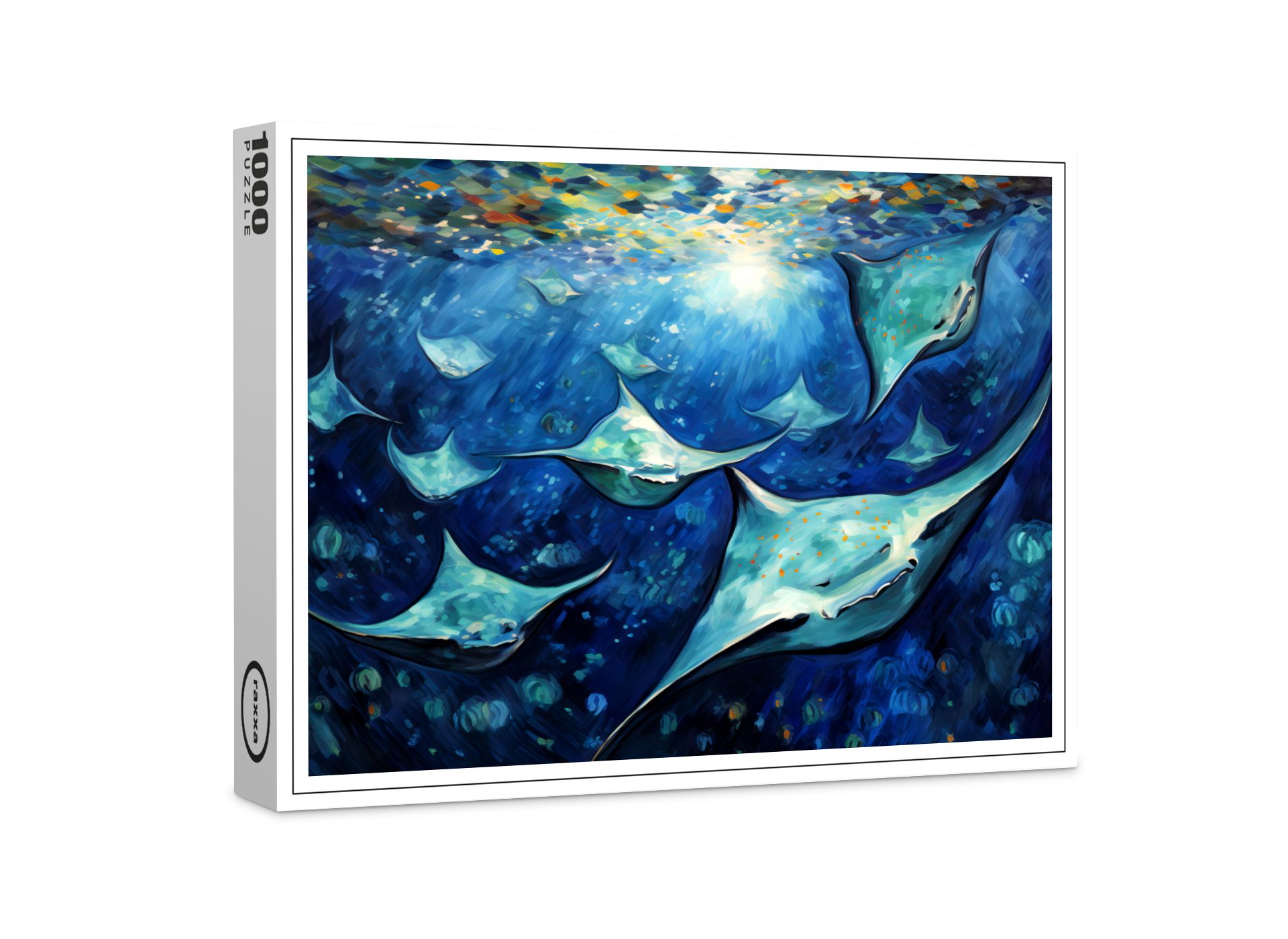 raxxa Premium-Puzzle: Manta Rays in Expressive Ocean Oil Painting