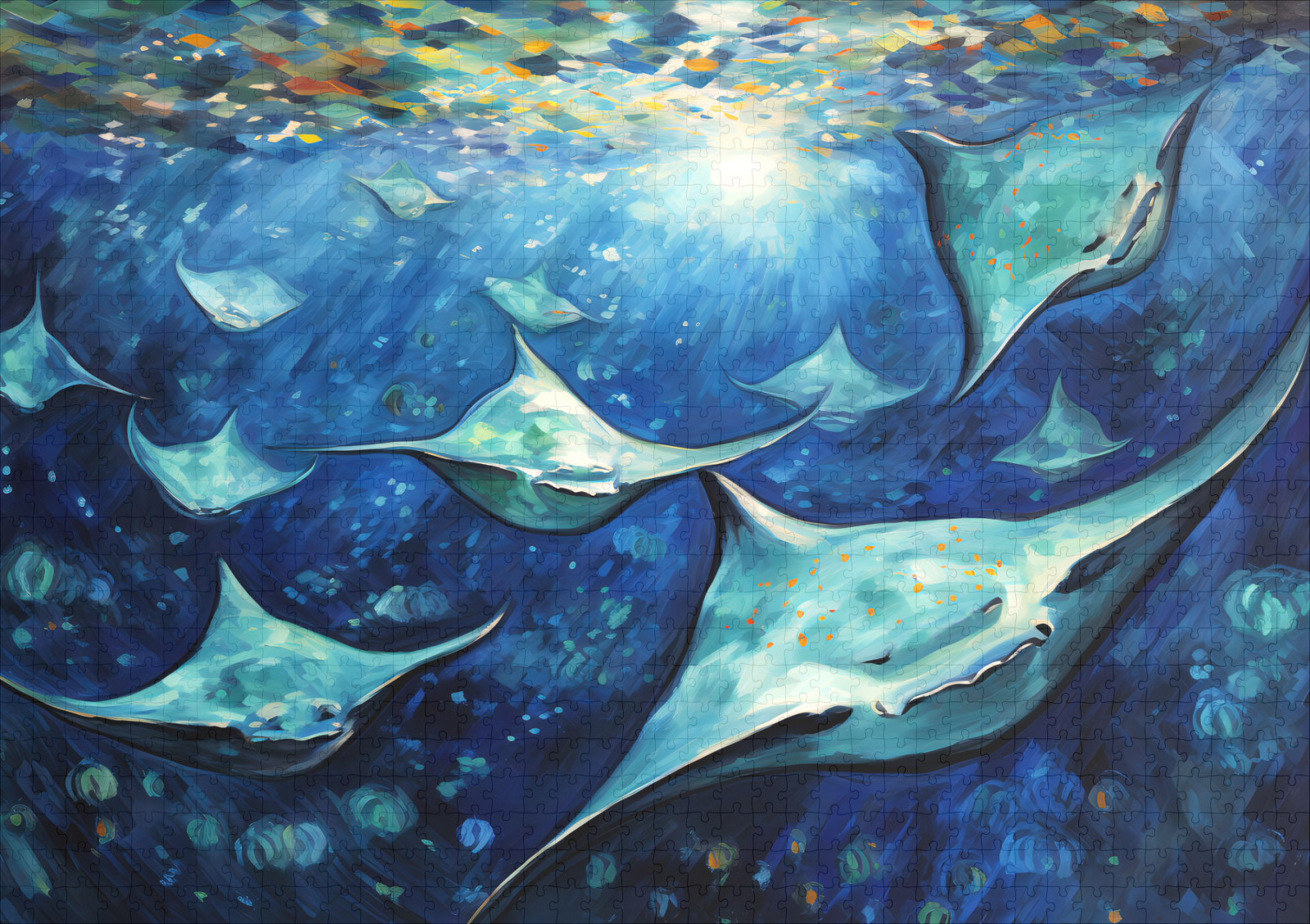 raxxa Premium-Puzzle: Manta Rays in Expressive Ocean Oil Painting – Bild 2