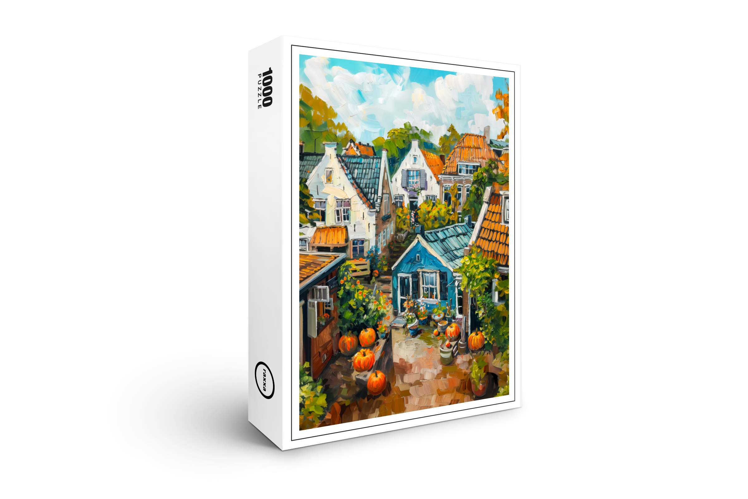 raxxa Premium-Puzzle: Autumn Village with Pumpkins and Cottages Painting