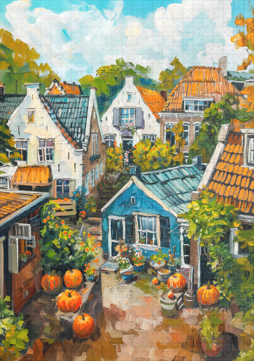 raxxa Premium-Puzzle: Autumn Village with Pumpkins and Cottages Painting – Image 2