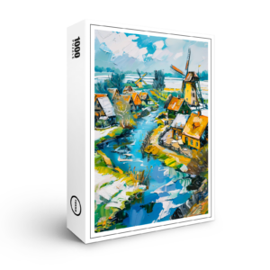 raxxa Premium-Puzzle: Dutch Countryside with Windmills and Water Channels Fantasy Painting