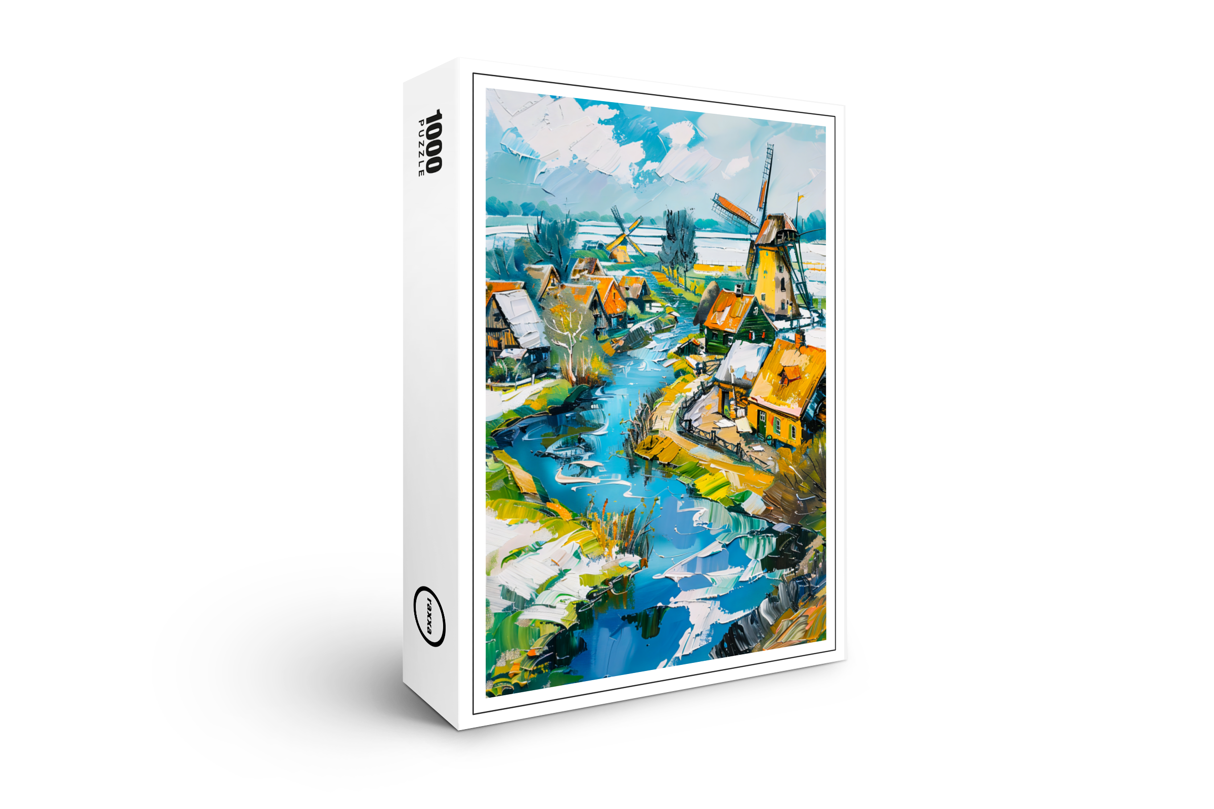 raxxa Premium-Puzzle: Dutch Countryside with Windmills and Water Channels Fantasy Painting