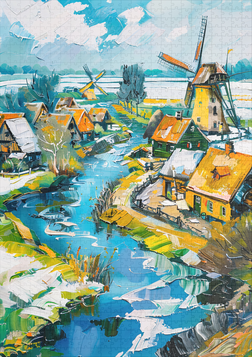 raxxa Premium-Puzzle: Dutch Countryside with Windmills and Water Channels Fantasy Painting – Image 2