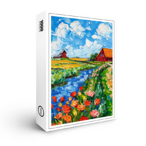 raxxa Premium-Puzzle: Tulip Fields with Barn and Stream Fantasy Painting
