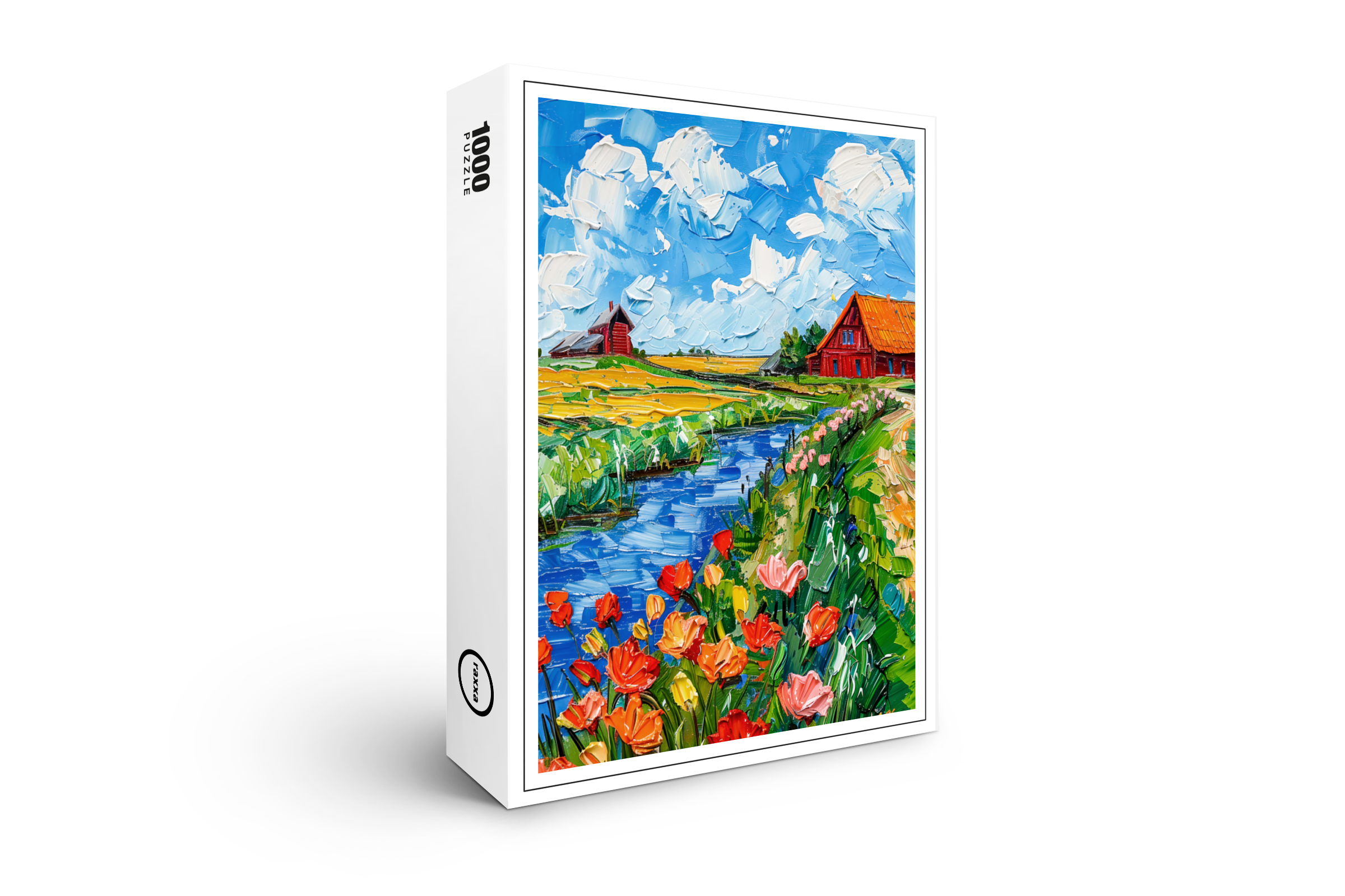 raxxa Premium-Puzzle: Tulip Fields with Barn and Stream Fantasy Painting