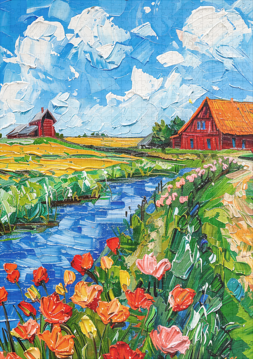 raxxa Premium-Puzzle: Tulip Fields with Barn and Stream Fantasy Painting - Imagen 2