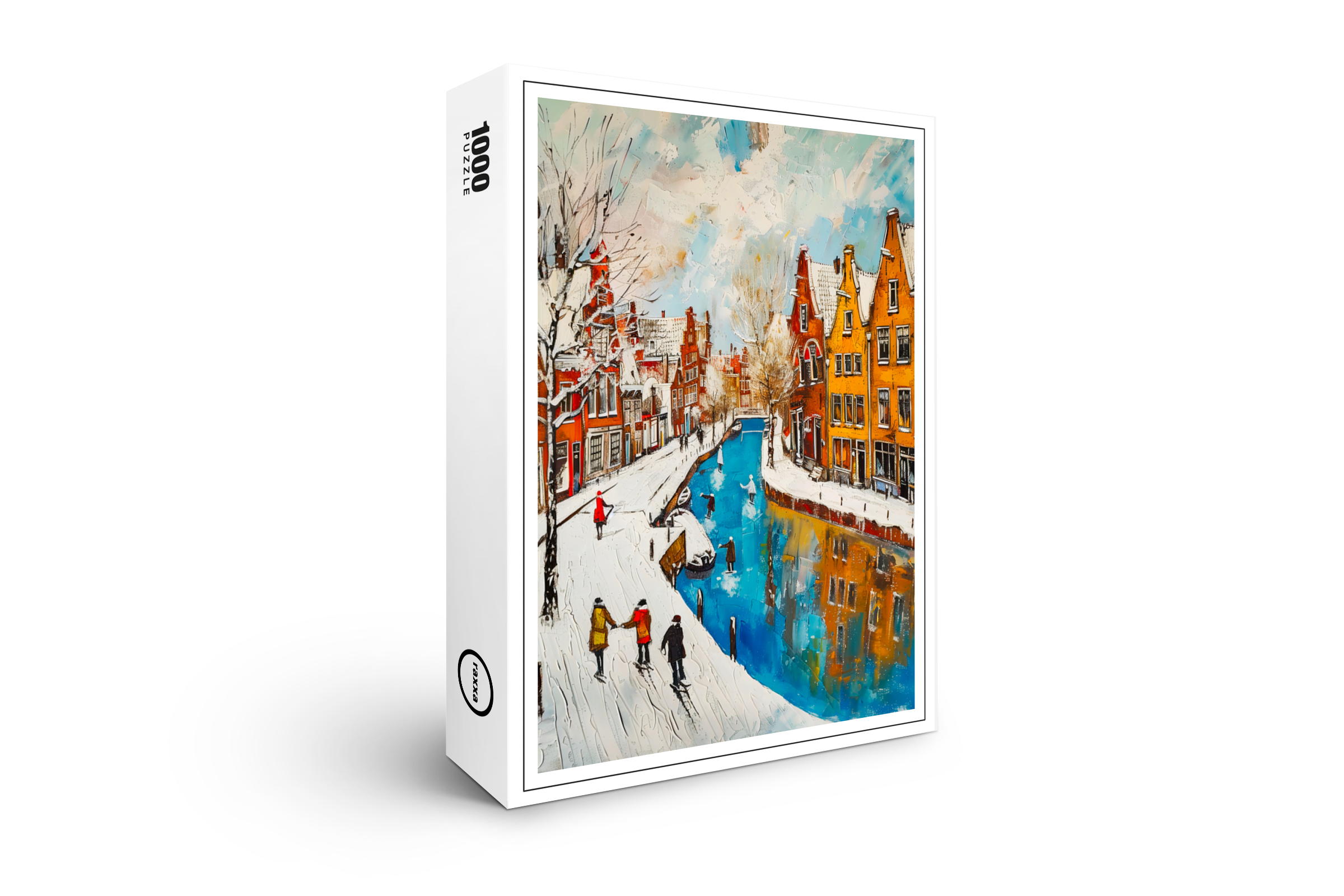 raxxa Premium-Puzzle: Winter Canal with Snowy Streets and Colorful Houses Painting