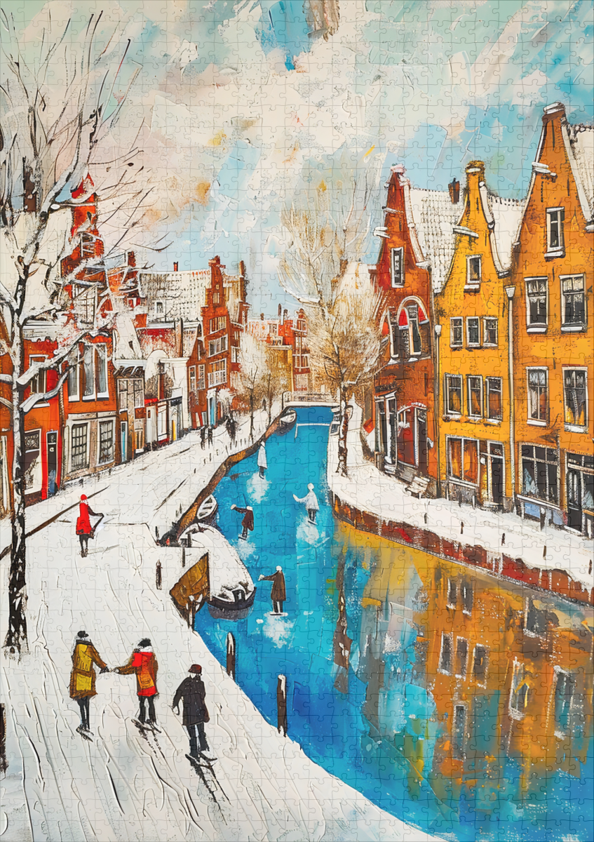 raxxa Premium-Puzzle: Winter Canal with Snowy Streets and Colorful Houses Painting – Bild 2