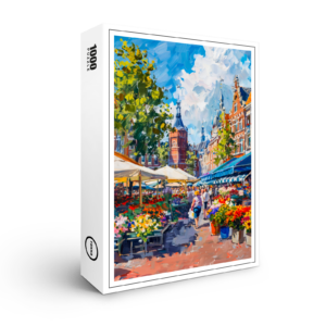 raxxa Premium-Puzzle: Flower Market with Historic Buildings Fantasy Painting